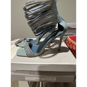 Olivia Jaymes Kandi Denim Rhinestone Stiletto Sandals Square Toe Blue Womens 10